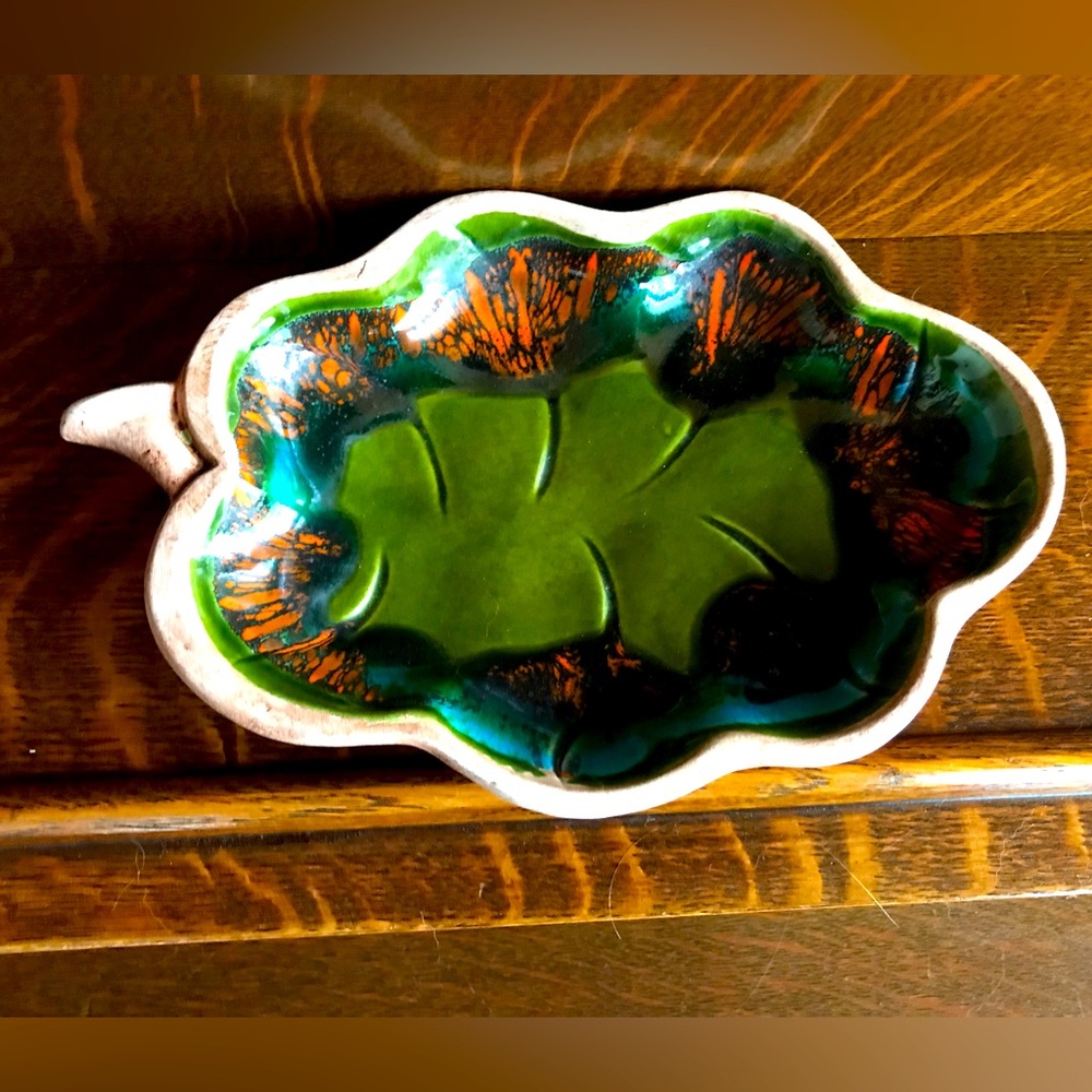 Vintage Santa Anita Ware Leaf Dish, 1960's Drip Ware Glaze